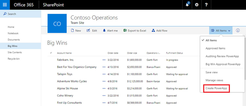 Office 365 Sharepoint Team Site For Contoso Operations Featuring A 'Big Wins' Section Listing Sales Achievements. It Includes Functions Like 'Export To Excel' And 'Create Powerapp,' Facilitating Efficient Data Management And Workflow Automation Directly Within The Intranet Interface. | Hingepoint