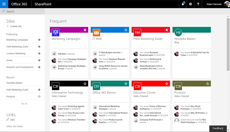 Image Of A Sharepoint Office 365 Dashboard Personalized For A User, Showcasing Tiles For Quick Access To Internal Resources Like 'Marketing Campaigns' And 'It Web.' The Left Sidebar Provides Navigation To Sites And Documents, Enhancing The Intranet Experience With Easy Access To Key Company Resources And Personalization For Efficient Workflow. | Hingepoint