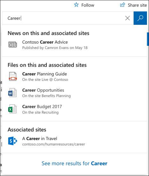 An demo of how the SharePoint Hubsite search function looks