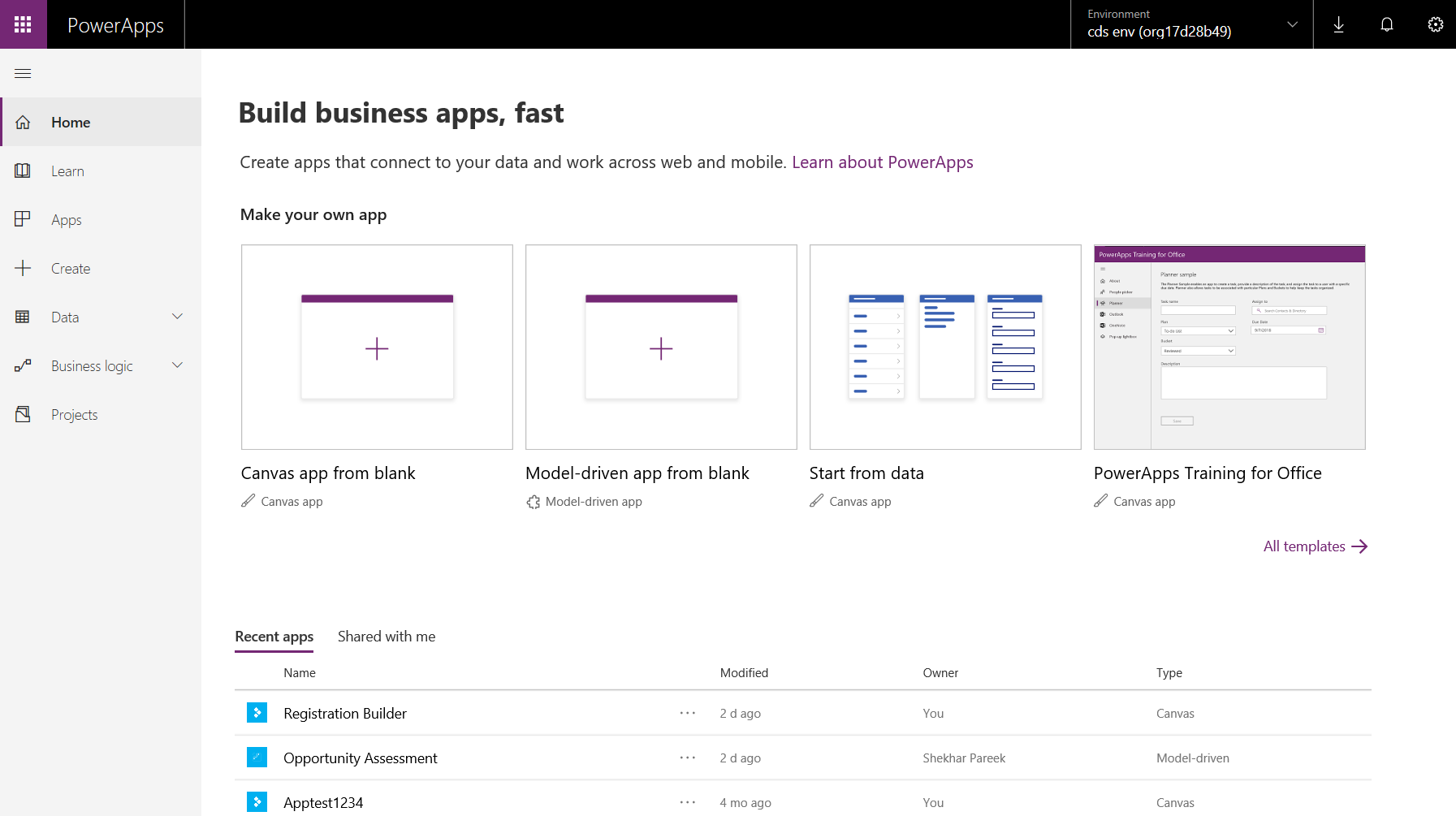 Microsoft PowerApps Dashboard