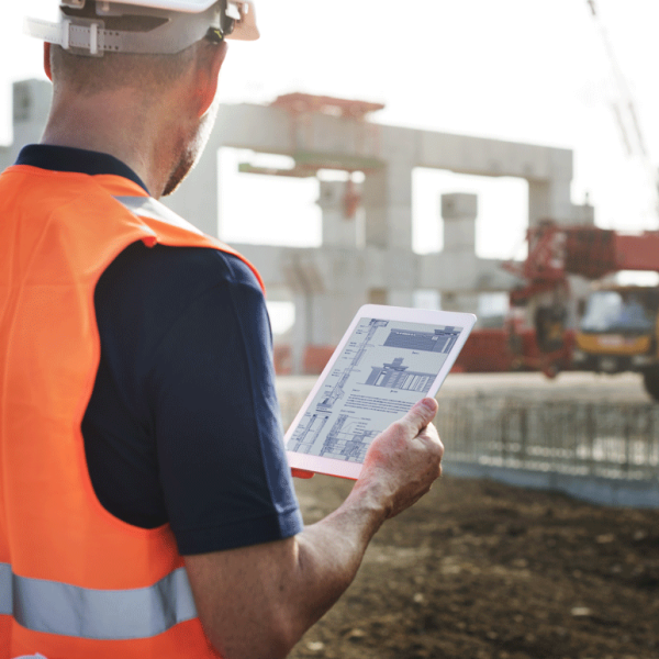 A Man With A Tablet At A Construction Site Utilizing Microsoft Office 365 Software Solutions For Document Management Thanks To Hingepoint'S Implementing Tailored Document Management Solutions For His Company.